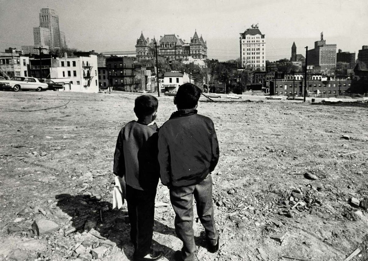 Children view construction of the South Mall. © Times Union archive