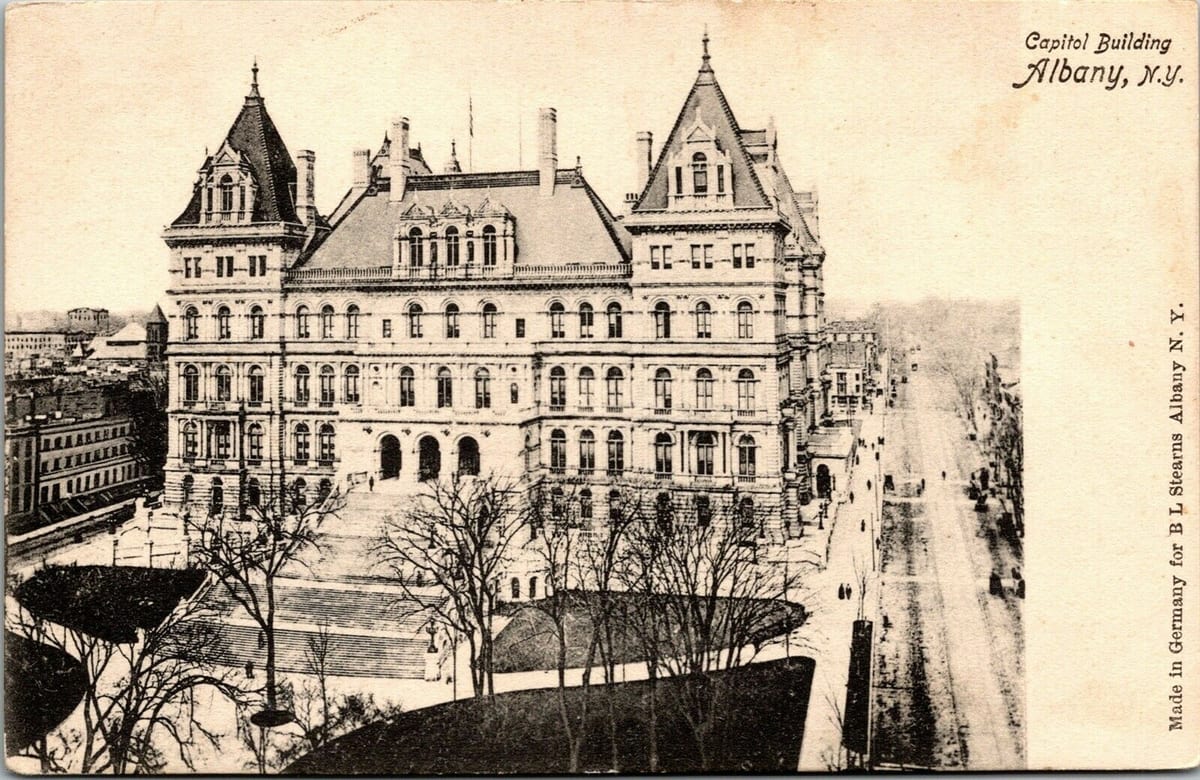 Historic image of the New York State Capital building in Albany.