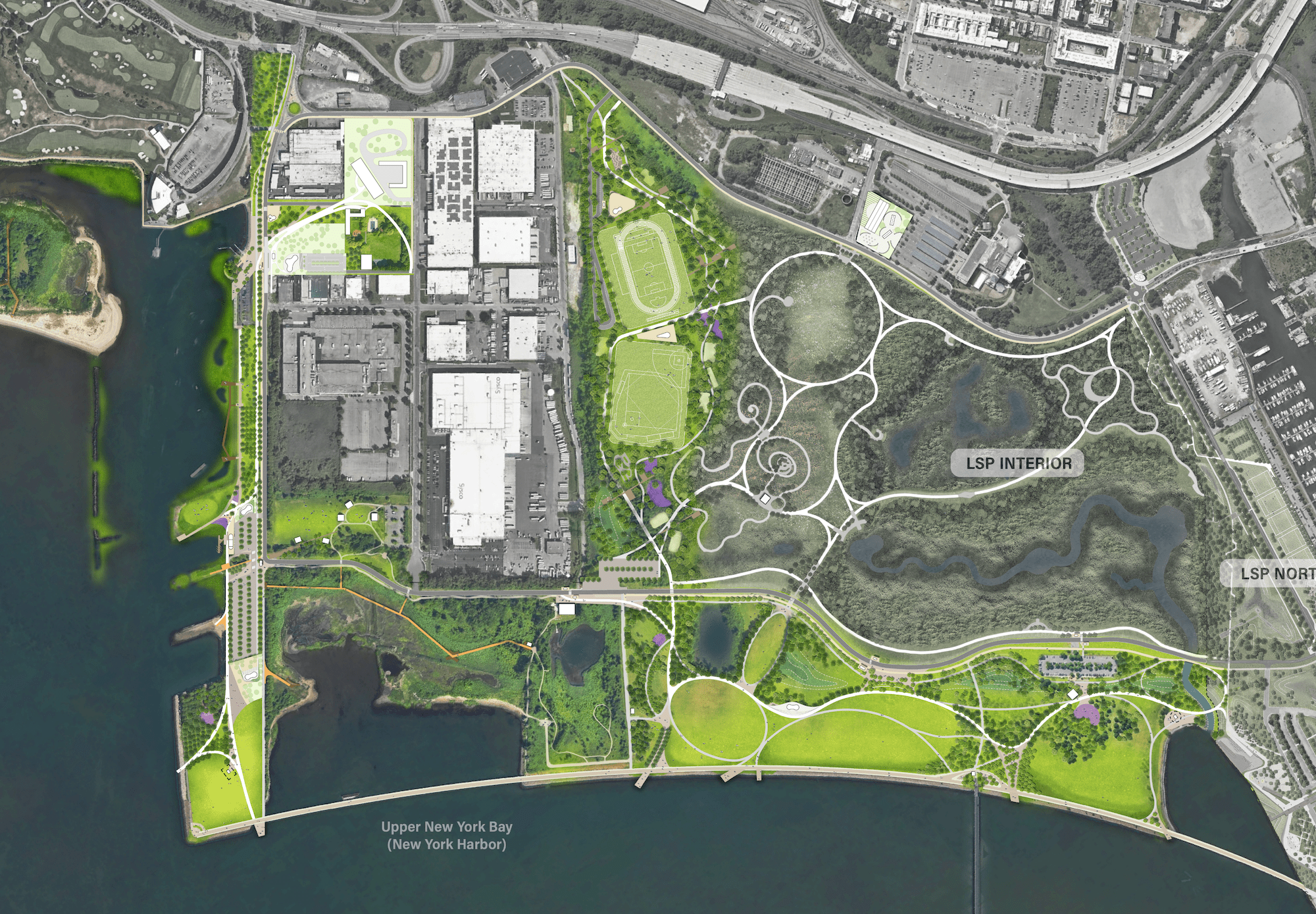 The Liberty State Park South Master Plan, including new landscape features, pathways, and built amenities, designed for the long-term use and resiliency of the park. 